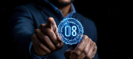 A businessman touching a glowing certification symbol on a touchscreen